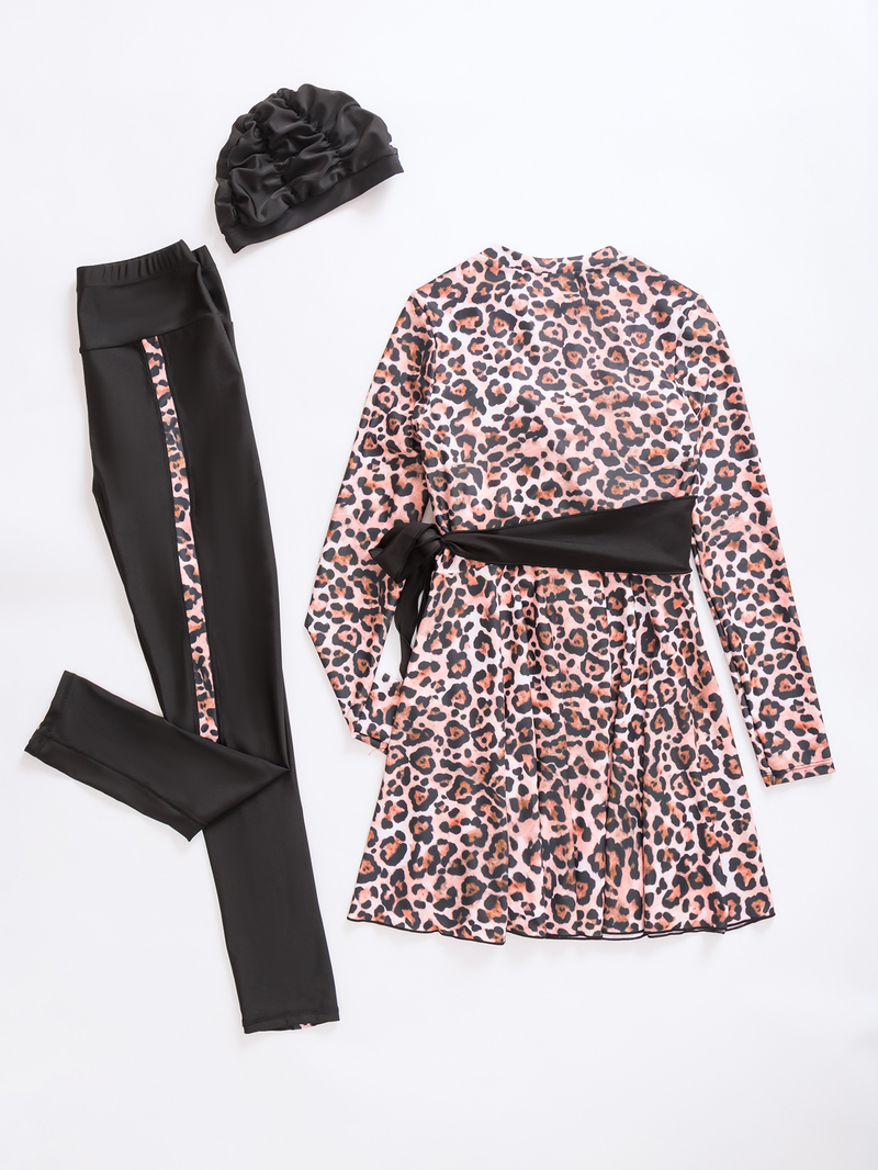Costume da bagno a tre pezzi da donna in tinta unita a maniche lunghe con protezione solare, costume da bagno da spiaggia_voghion.com