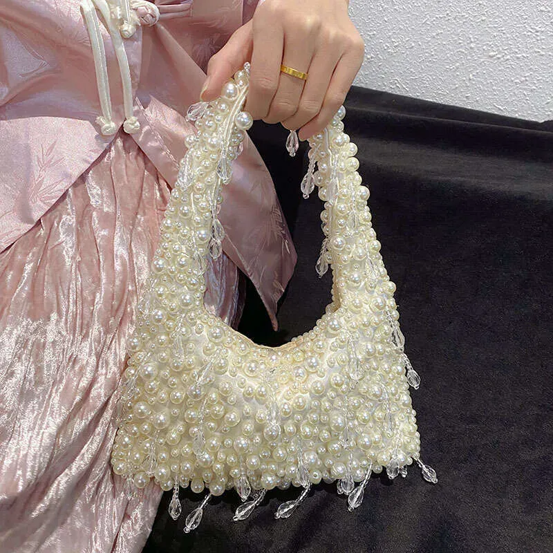 Borsa a tracolla da ascella, dolce, fresca, delicata, versatile, con nappa di perle e perline di cristallo, alla moda, dal design di nicchia_voghion.com