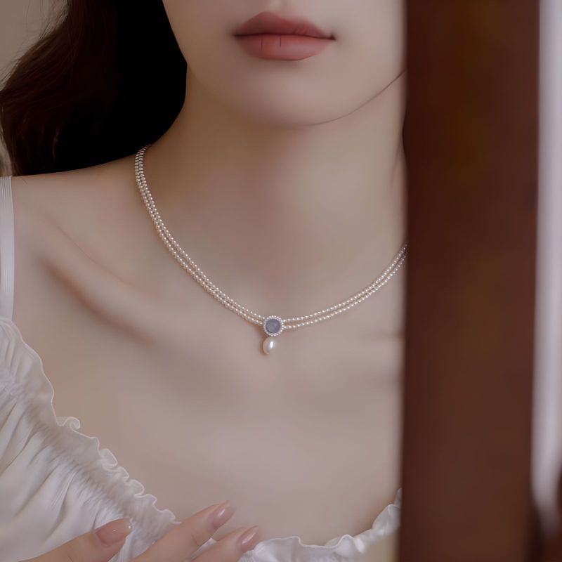 Natural Aquamarine & Freshwater Pearl Double-Layer Choker Necklace For Women - Silver-Tone Shell Pendant, Dainty Design_voghion.com