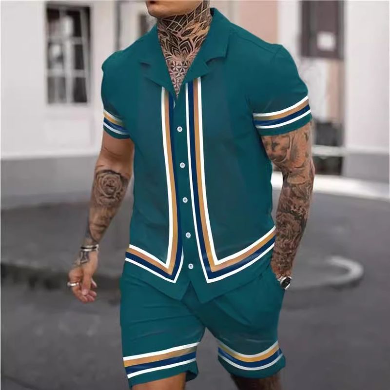 Conjunto de dos piezas de camisa de cuello cubano para hombre de calidad inmejorable, ideal para ir de compras y para el tiempo libre, con estampado de manga corta._voghion.com