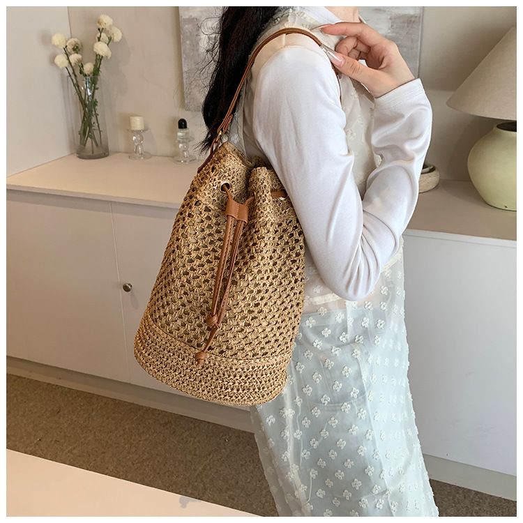 Borsa a secchiello da donna, borsa intrecciata, borsa a secchiello alla moda da donna, borsa di paglia, borsa da spiaggia, borsa a tracolla_voghion.com