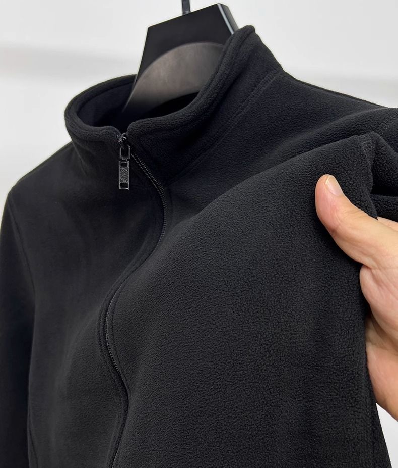 Giacca in pile con collo alto e cerniera da uomo - Cappotto invernale caldo e spesso con cappuccio in tinta unita per abbigliamento casual all'aperto_voghion.com