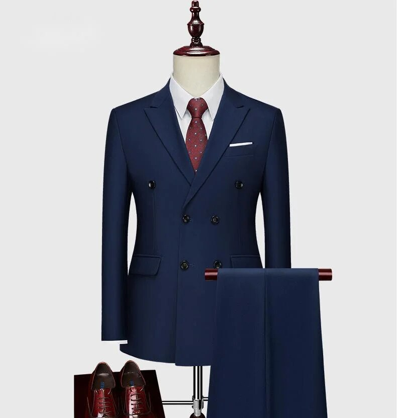 Men's Business Casual Double breasted Suit Set Solid Red XZ103-288 Set-P135_voghion.com