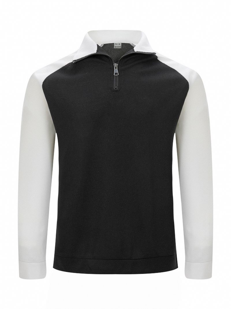 Pullover-Sweatshirt mit halbem Reißverschluss und Stehkragen für Herren – Stilvolles Farbblockdesign für Freizeit- und Aktivkleidung (Weiß, Grau, Orange, Khaki)_voghion.com