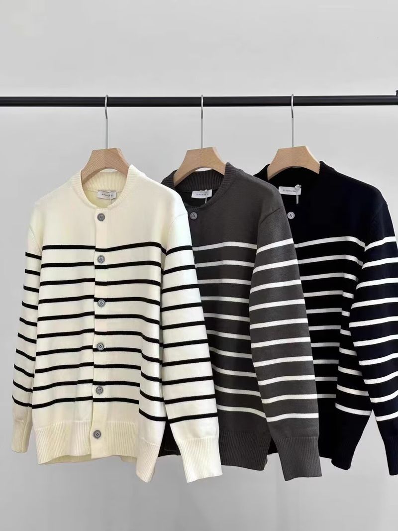Gestreifter Damen-Strickpullover – Langärmliger, lässiger Mantel mit Knopfleiste vorne, offen, weich und bequem, trendiger College-Stil_voghion.com