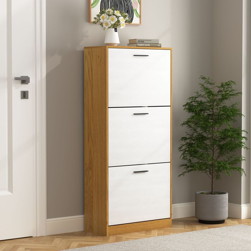 Shoe Storage Cabinet With 3 White Panel Flip Drawers, Freestanding Organizer For Entryway, Narrow Shoe Rack Cabinet_voghion.com