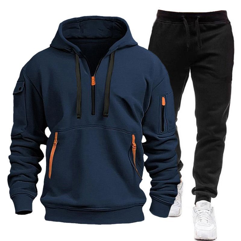 2025 New Autumn Winter Hoodie Men's Sweatshirt Multi-Pocket Zipper Color Block Jacket Casual Sports Set_voghion.com