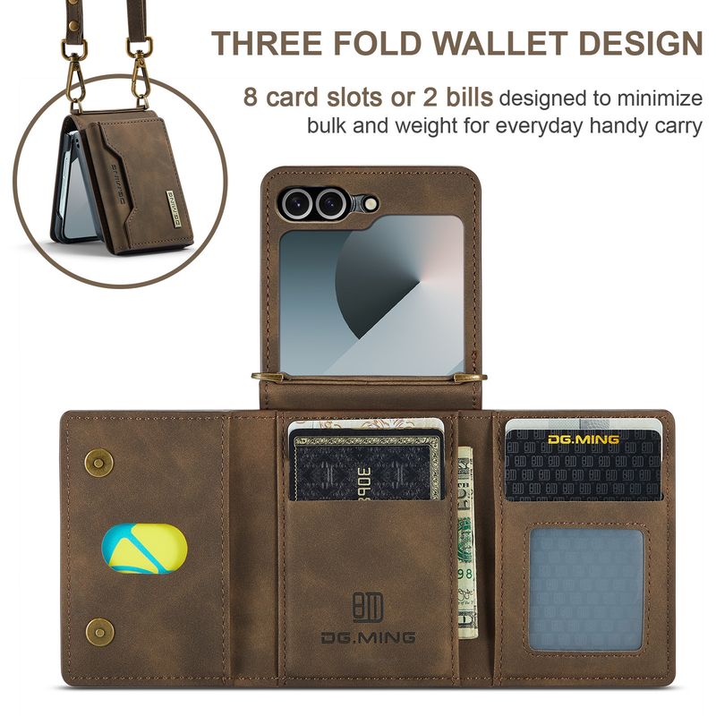 Custodia pieghevole M2 per Samsung Z Flip6 Custodia per telefono con portafoglio per carte Custodia protettiva in pelle con tracolla Z Flip6_voghion.com