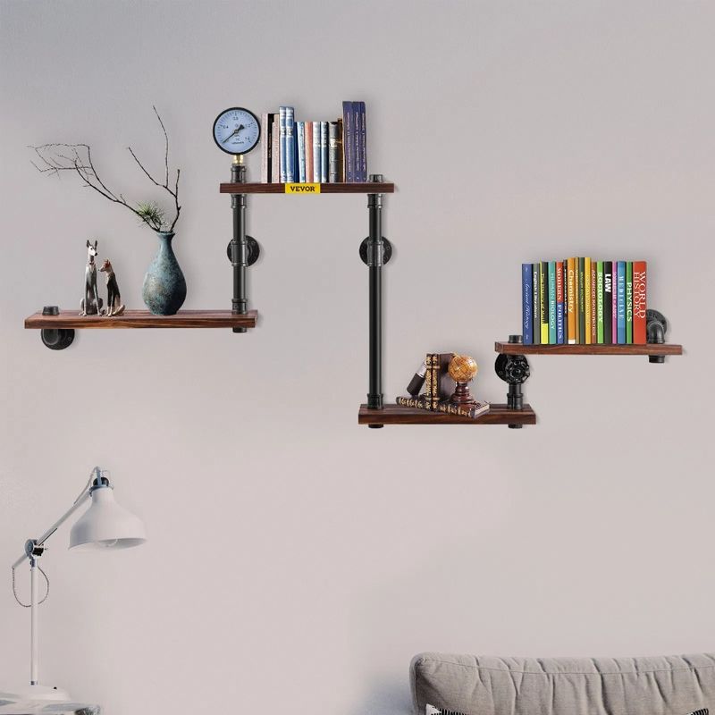 4Tier Shelves Floating Wood Pipe Wall DIY Planks Mounted Bookshelf For Shelving Rustic Industrial Shelves Wall With Pipe Shelf_voghion.com