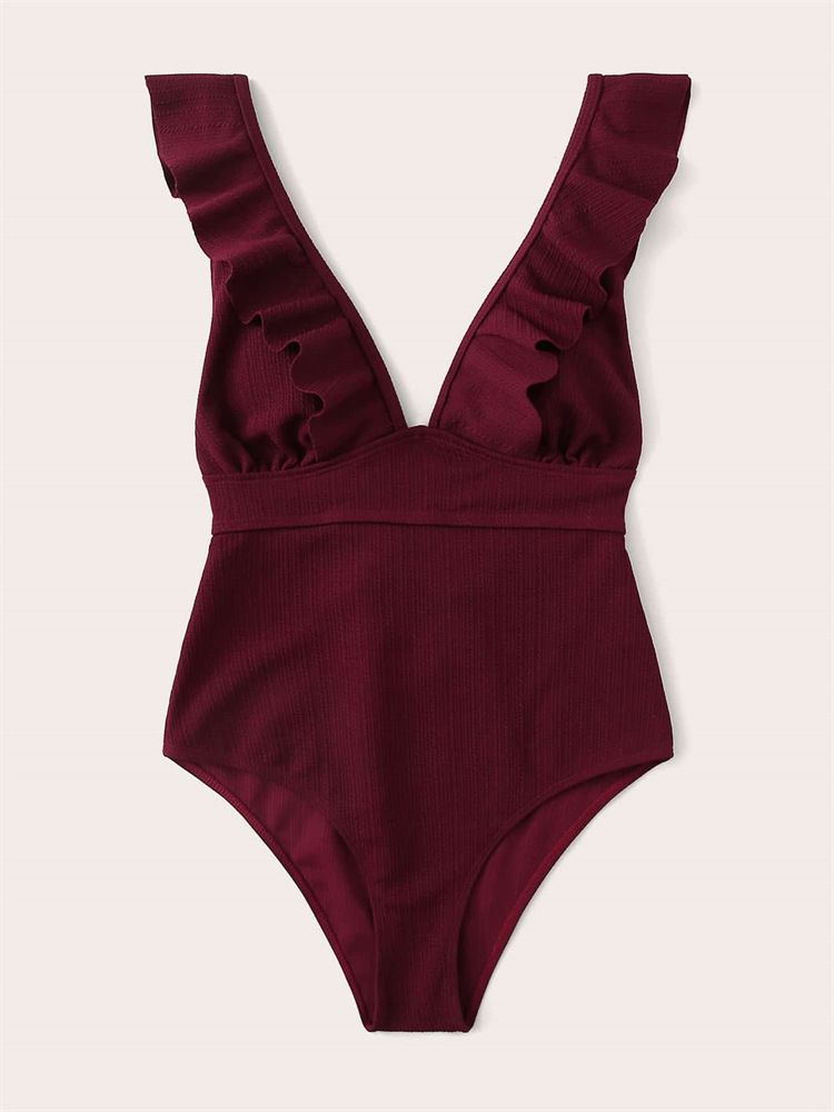 Maillot de bain une pièce à volants pour femme, couleur unie, multicolore, rayé, sexy_voghion.com