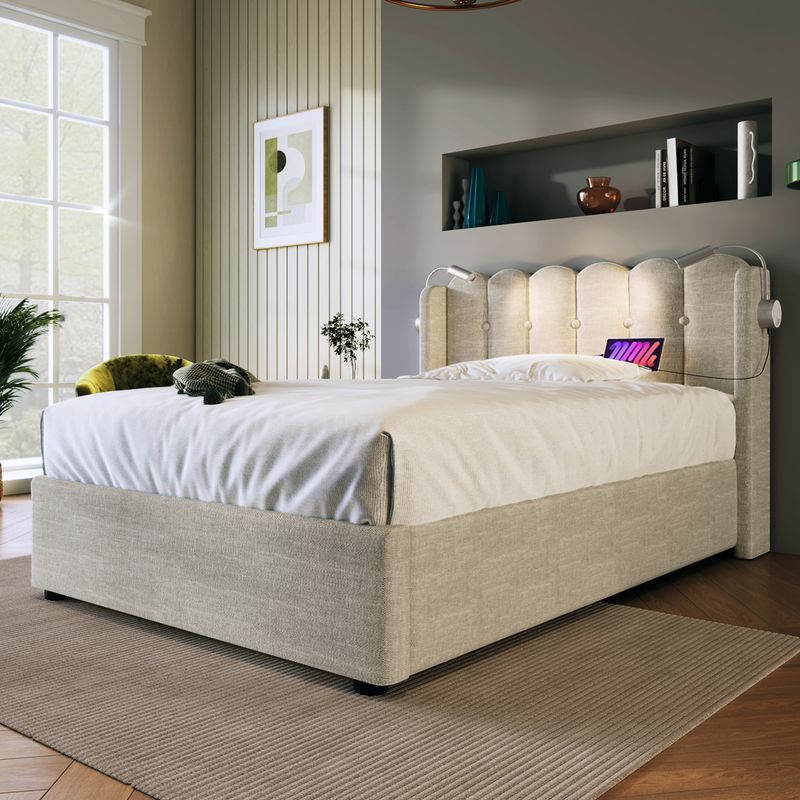 Cadre de lit simple rembourré avec liseuse, fonction de charge, rangement pour la tête de lit, lit enfant en lin 90 x 200 cm avec sommier à lattes (matelas non inclus, coloris naturel)_voghion.com