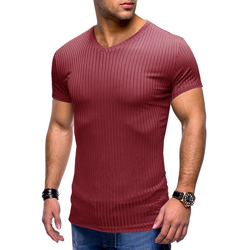 Maglietta estiva a maniche corte per sport e fitness 2023, da uomo, vestibilità slim, in maglia con scollo a V_voghion.com