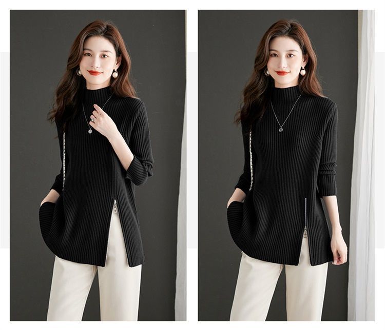 【 Família Cashmere 】 Suéter de gola alta semi-alta de outono de médio a longo com base de lã para mulheres, camada interna de malha solta e grossa_voghion.com