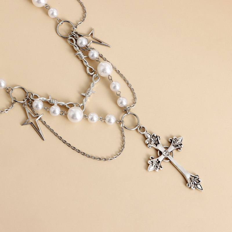 Kruis hanger parelketting gotische ster kwast choker hart kruisbeeld ketting zilveren kralen sieraden voor vrouwen en meisjes_voghion.com