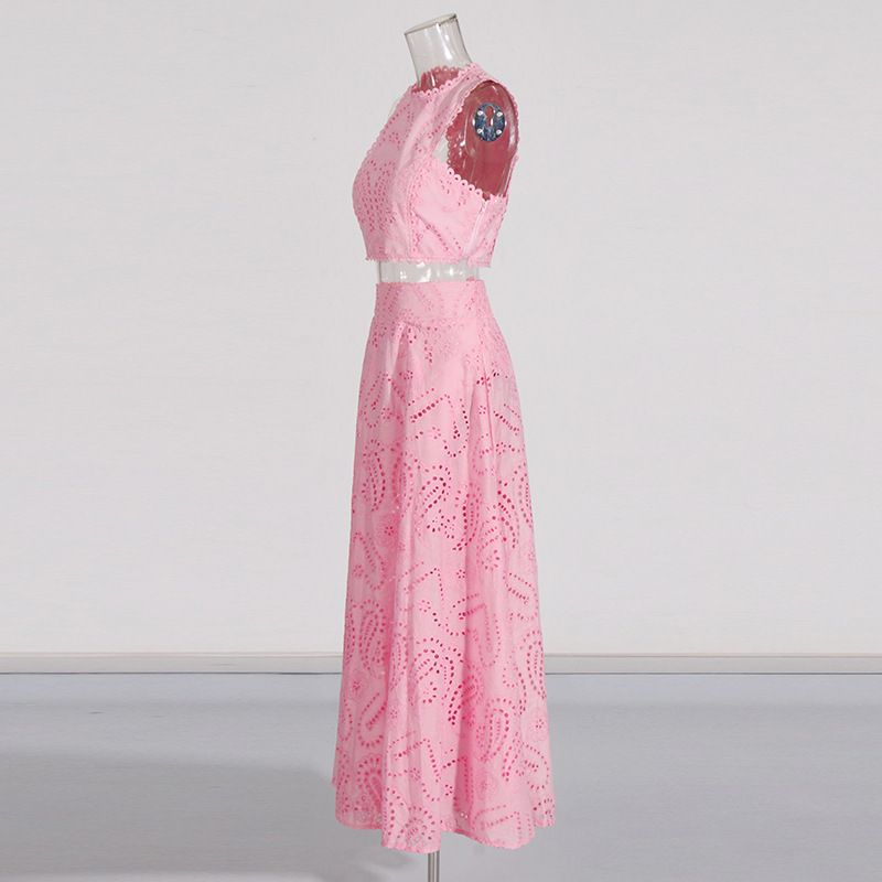 Vêtements pour femmes, col rond, gilet sans manches, taille haute, jupe brodée, costume deux pièces_voghion.com