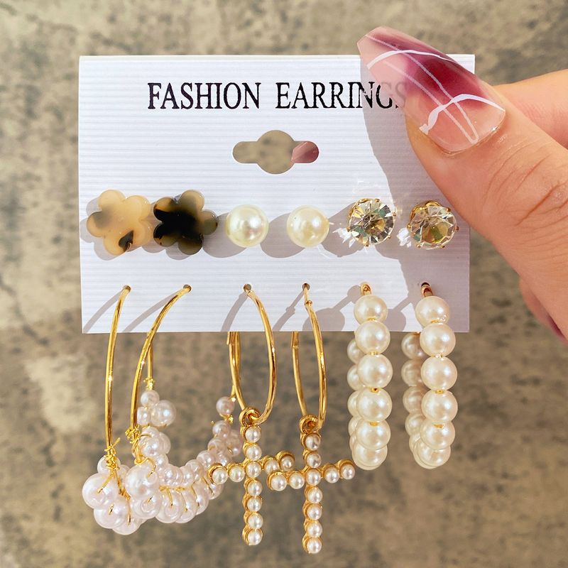 Set van 6 nieuwe ingelegde pareloorbellen voor dames, creatieve Franse retro gouden oorbellenset_voghion.com