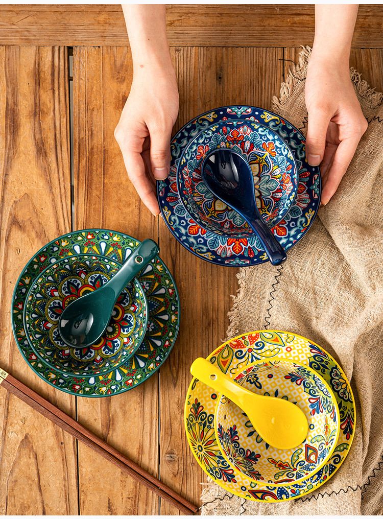 Bohemian Ceramic Dinnerware Set - 3-Piece Tableware For Restaurants & Home Use (Bowls, Plates & Saucers, Microwave & Dishwasher Safe)_voghion.com