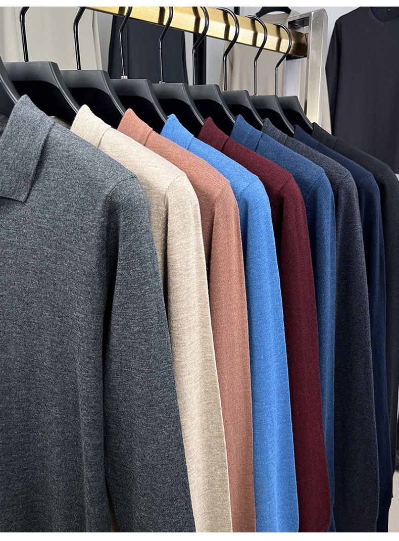 Men's Long Sleeve Knitted Sweater Spring Autumn Thin Wool Blend Turn-down Collar Middle-aged Base Shirt Top_voghion.com