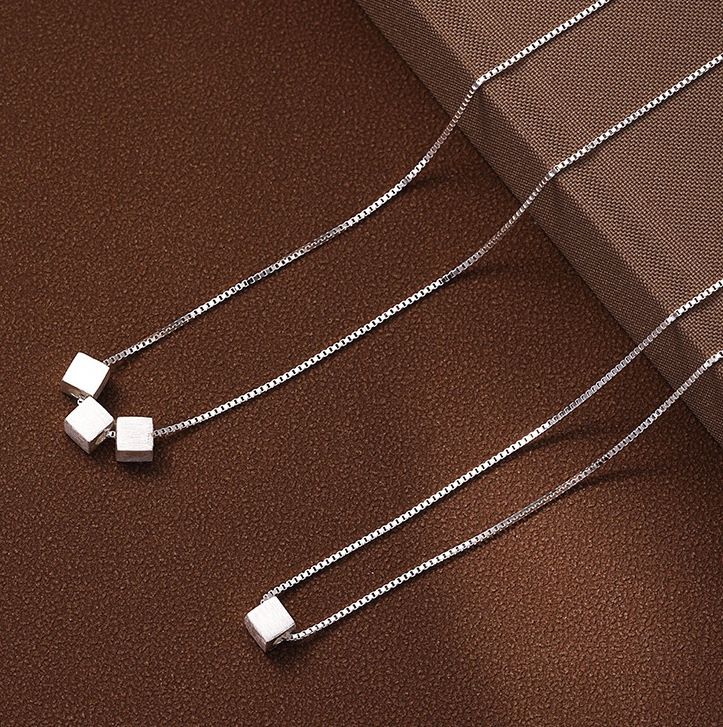 S999 puur zilveren kleine suikerklontjesketting voor vrouwen minimalistische koude stijl niche high-end geborsteld geometrisch vierkant_voghion.com