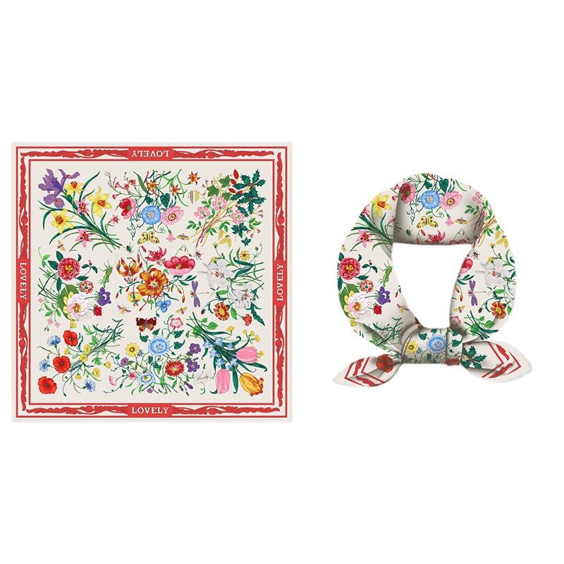 Versione coreana della sciarpa quadrata in seta con simulazione di fiori freschi, protezione solare esterna estiva, scialle con aria condizionata_voghion.com