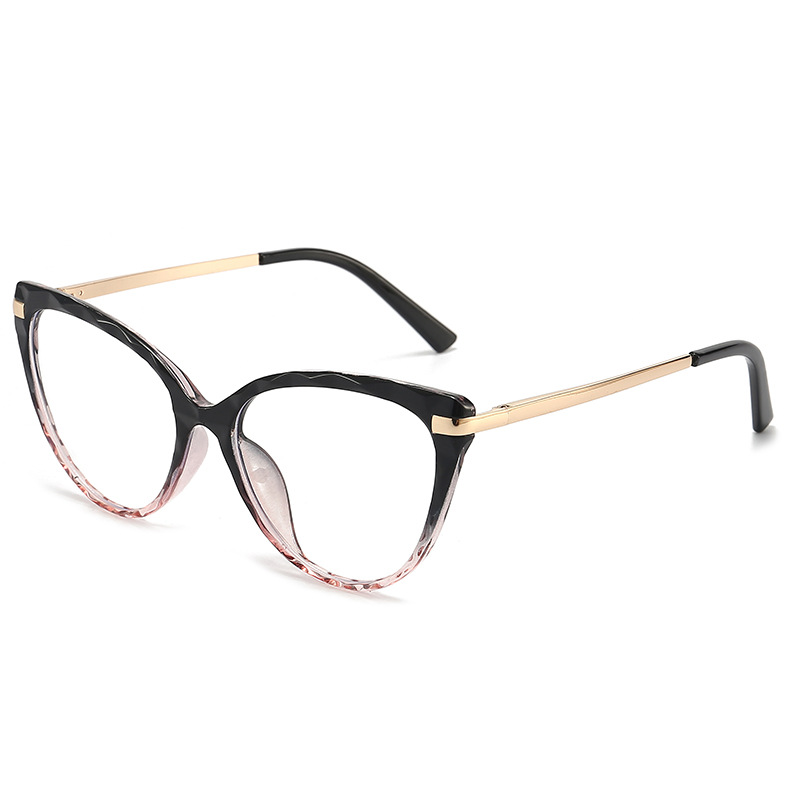 TR90 Γυαλιά οράσεως με μπλε χρωματικό μπλοκ Cat Eye, εξαιρετικά ελαφρύ, μεταλλικό πλαίσιο γυαλιών οράσεως, επίπεδος καθρέφτης_voghion.com