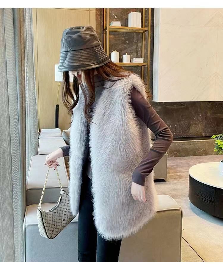 Gilet long tissé imitation fourrure de raton laveur pour femme, gilet slim à la mode_voghion.com