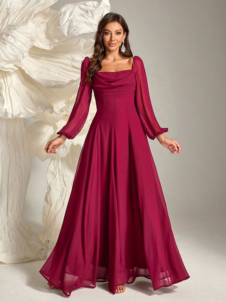 Vestido de noite feminino em chiffon bordô com mangas lanterna, elegante vestido de festa em corte A com cintura alta para banquetes e ocasiões formais_voghion.com