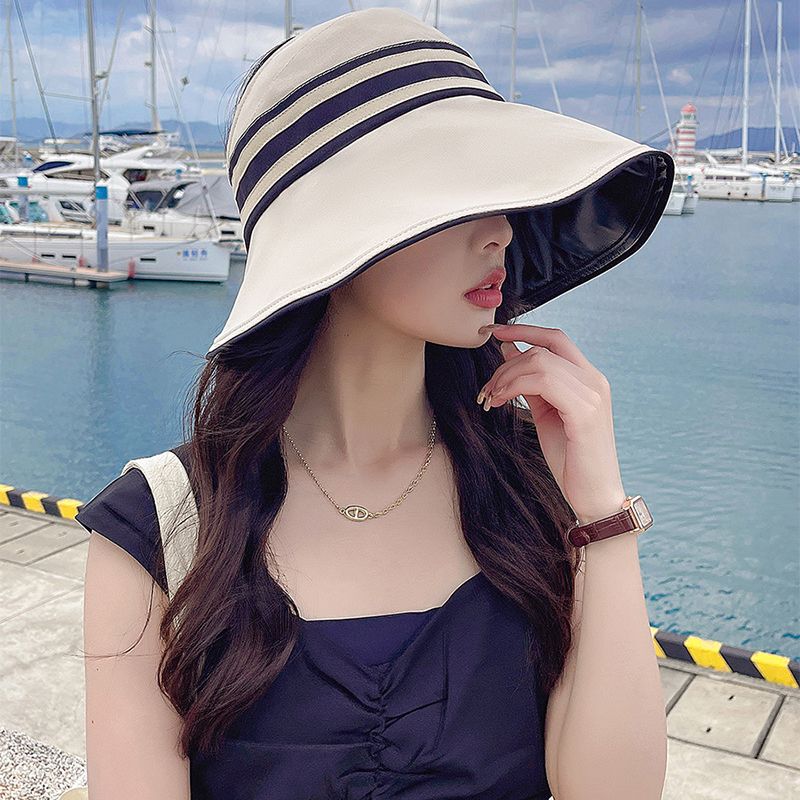 Fashion Summer Black Vinyl Sun Women Stripe Wide Brim UV Protection Bucket Hat Foldable Outdoor Beach Ladies Empty Top Sunscreen_voghion.com