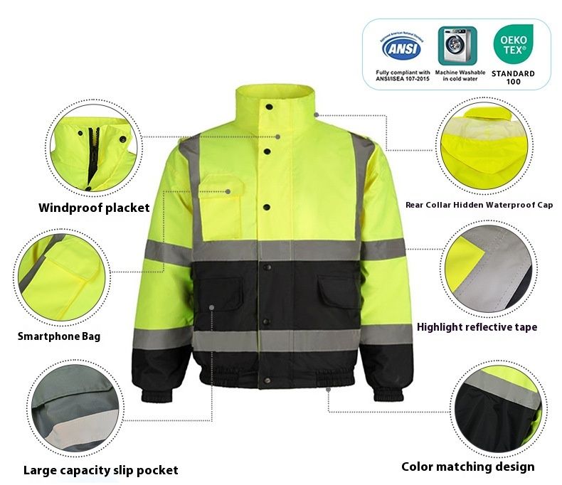 Reflective Cotton 300d Oxford Cloth Waterproond Windproof For Winter Warmth, Multi Pocket Reflective Jacket_voghion.com