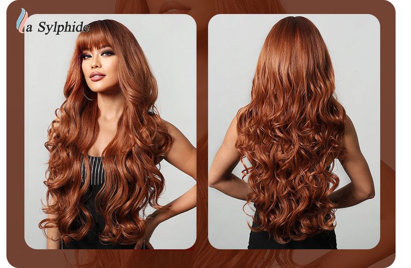 Parrucca con extension per capelli, frangia a onde grandi, capelli lunghi e ricci, sfumatura platino, simulazione atmosfera, fibra chimica, donna_voghion.com