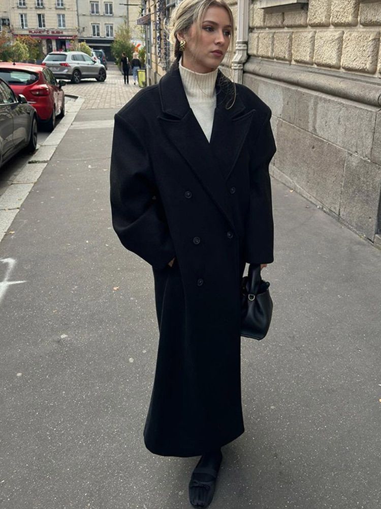 Women's Long Wool Blend Trench Coat - Classic Double-Breasted Pea Coat With Notched Lapel For Fall & Winter_voghion.com