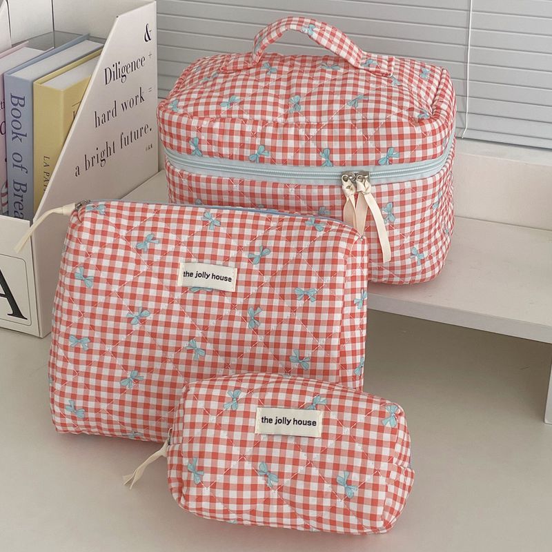 Plaid Bowknot Make-up für Geschäftsreisen und Reisen, tragbare Macaron-Aufbewahrung, hochwertiges, leichtes Steppmuster_voghion.com