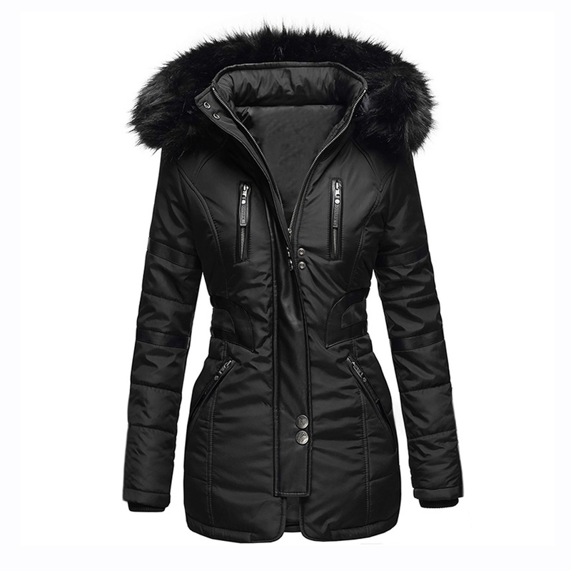 Damen-Baumwoll-gepolsterter PU-Leder-Spleißmantel mit langem Pelzkragen, baumwollgepolsterte Jacke, lässige Mode, warme baumwollgepolsterte Jacke_voghion.com