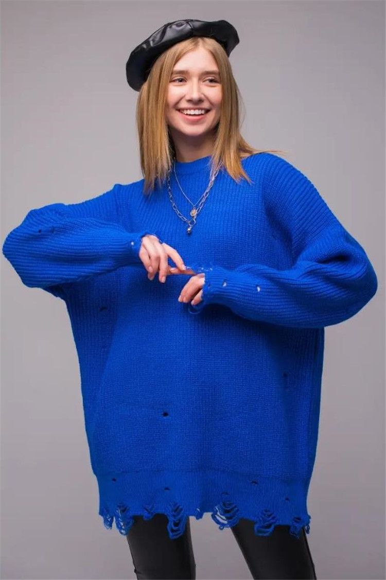 Loose solid color perforated sweater, mid to length, autumn/winter 2024 new item, round neck pullover, long sleeved_voghion.com