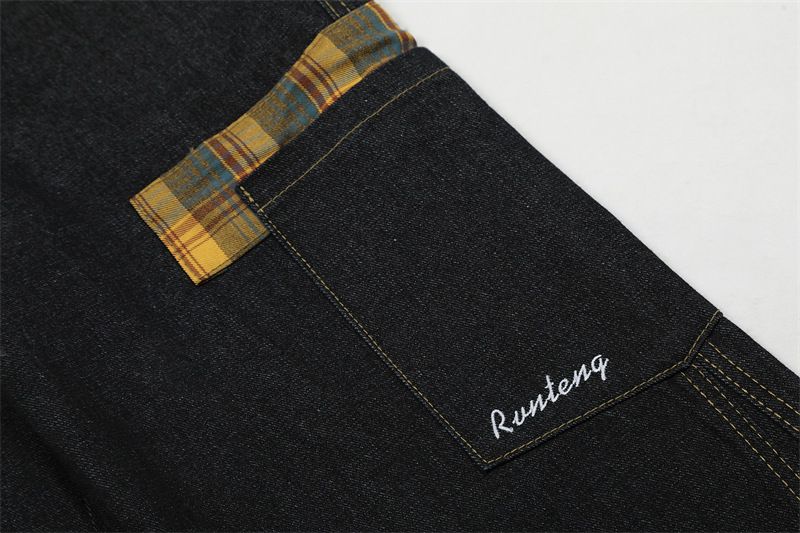 Men's Clothing Retro Niche Design Plaid Stitching Scimitar Jeans Men's And Women's Overalls Wide Leg Mopping Pants_voghion.com