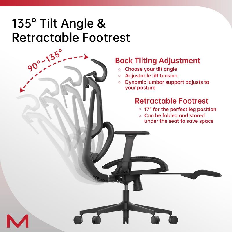 M2-MT Ergonomic Office Chair High Back Desk Chair With Large Elastic Adaptive Lumbar Support With Retractable Footrest 3D Headrest ARSS Armrest 135°Tilting Mesh Computer Chair BIFMA_voghion.com