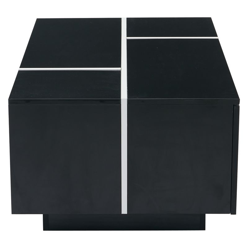 Table basse carrée noire moderne 100 x 60 x 40 cm, finition patchwork brillante, 4 tiroirs et plateau coulissant, supporte jusqu'à 30 kg._voghion.com