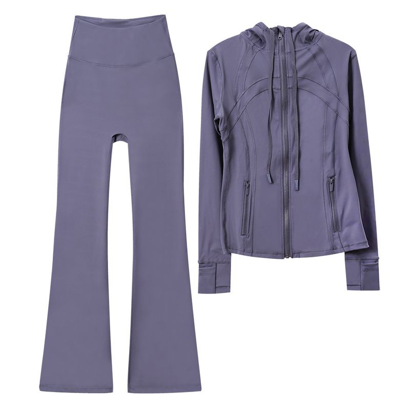 In Stock Hooded Flared Jacket Set Top Long Sleeve Women Tight Elastic Fitness Sports Running Yoga Outfit_voghion.com