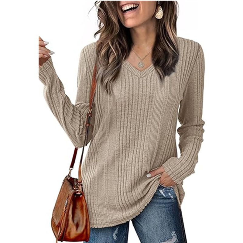 Pull en tricot à manches longues et col en V pour femme - Léger et polyvalent, couleur unie, idéal pour le travail et le quotidien (plusieurs couleurs, S-XXL)_voghion.com