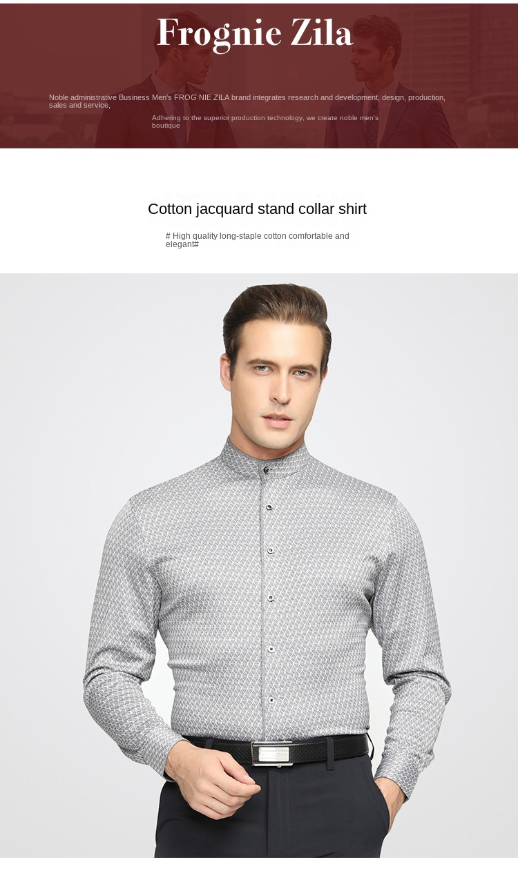 Fashion Retro Print Stand Collar Business Casual Men's Shirt Long Sleeve Men's Shirt_voghion.com
