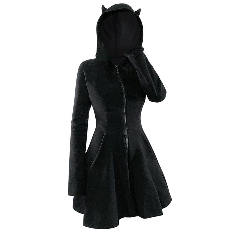 Abito slim da donna con orecchie di gatto in velluto dorato a maniche lunghe con cappuccio in stile gotico, abito da donna taglie forti_voghion.com