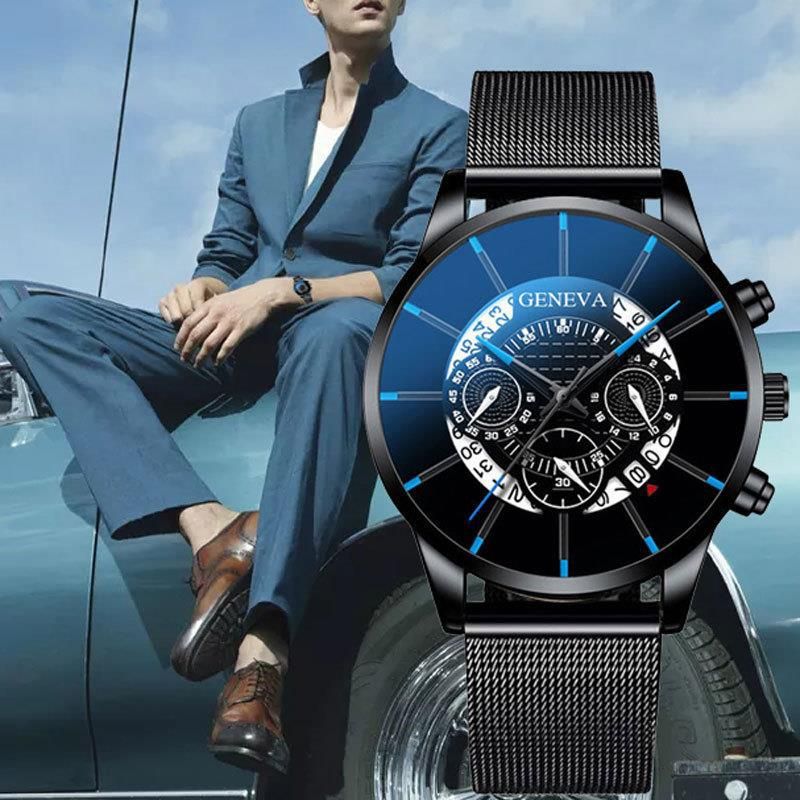GENEVA Herren-Quarzuhr mit Mesh-Armband, drei Zifferblättern, Kalender, Business-Trend_voghion.com