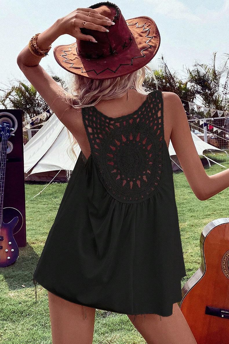 Camiseta sin mangas holgada con escote en V y encaje en la espalda para mujer, novedad de verano 2025_voghion.com