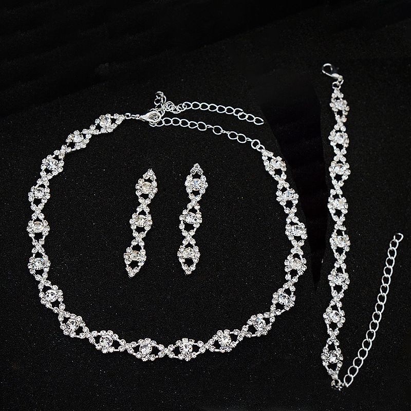 Conjunto de joyas para mujer: elegante collar, pulsera y pendientes geométricos con diamantes para novia, fiesta de noche, bolso de noche a juego. Conjunto de joyas para bolso._voghion.com