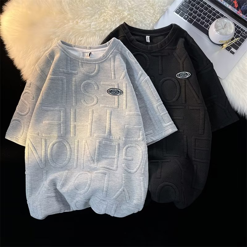 Herenkleding Zomerpak voor heren, trendy en veelzijdig, effen kleur, casual T-shirt met korte mouwen, wafeltop_voghion.com