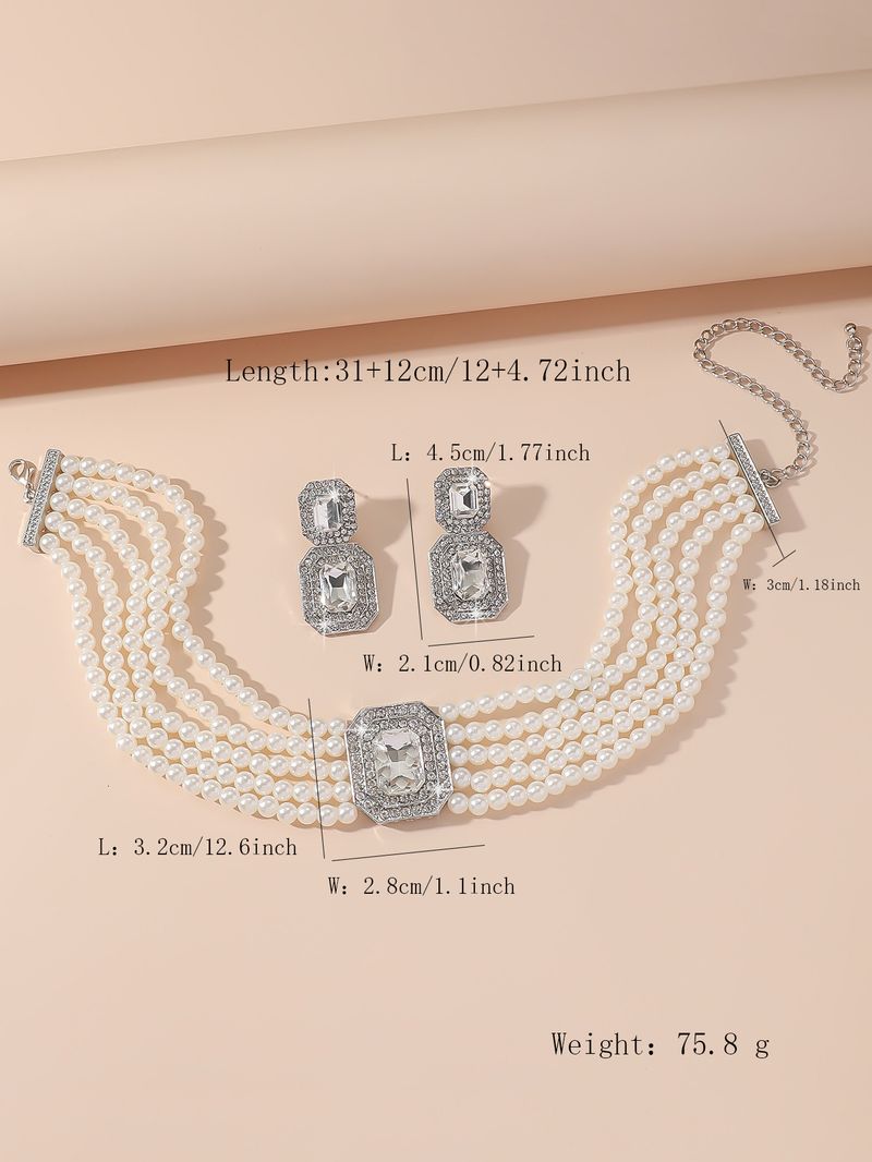 luxury multi layer pearl geometric rectangular crystal necklace earrings colorful necklace fashion exaggerated necklace_voghion.com