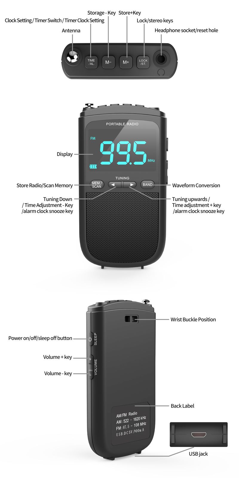 Radio tascabile portatile AM stereo personale ricaricabile Mini FM con jack per cuffie, sveglia, per trasmissioni meteo all'aperto_voghion.com