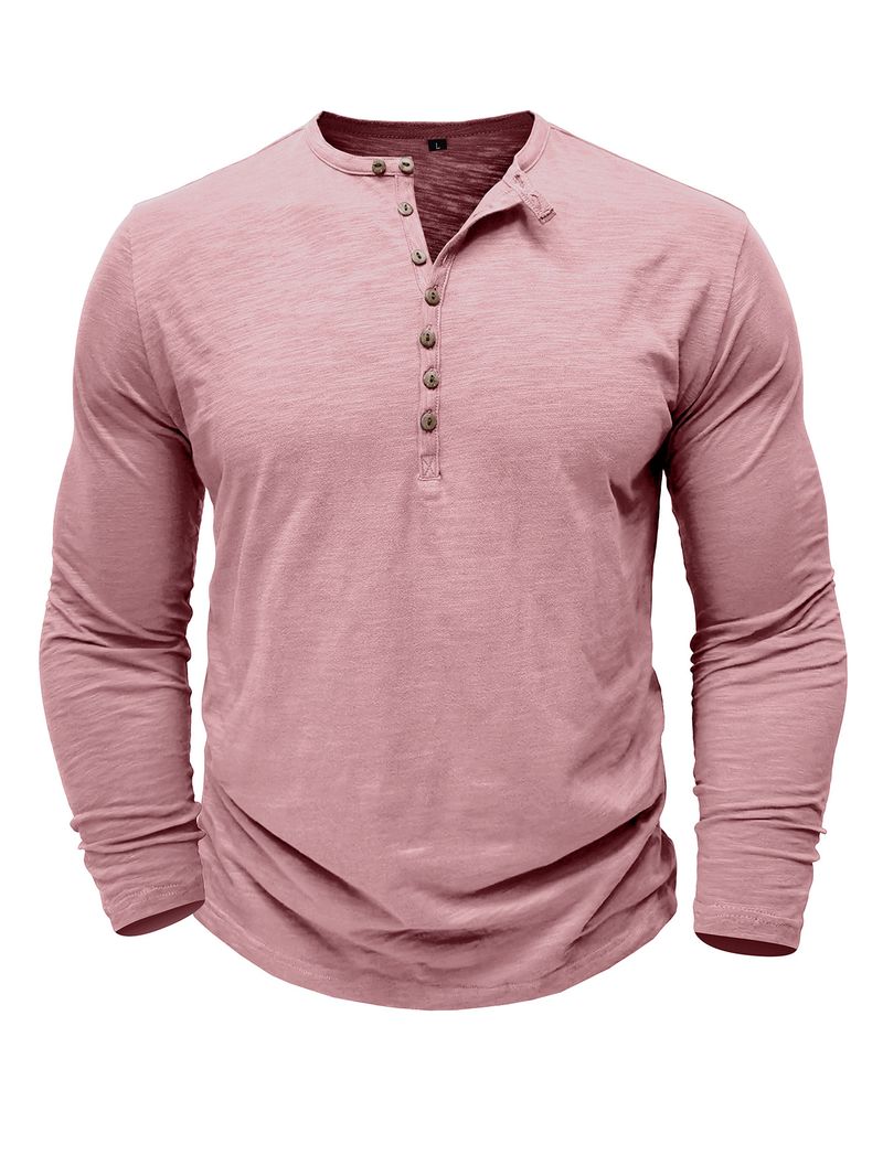 2025 Langarm Herren Top Frühling Herbst Bambus Baumwolle Einfarbig Knopf Henley Shirt Männer_voghion.com