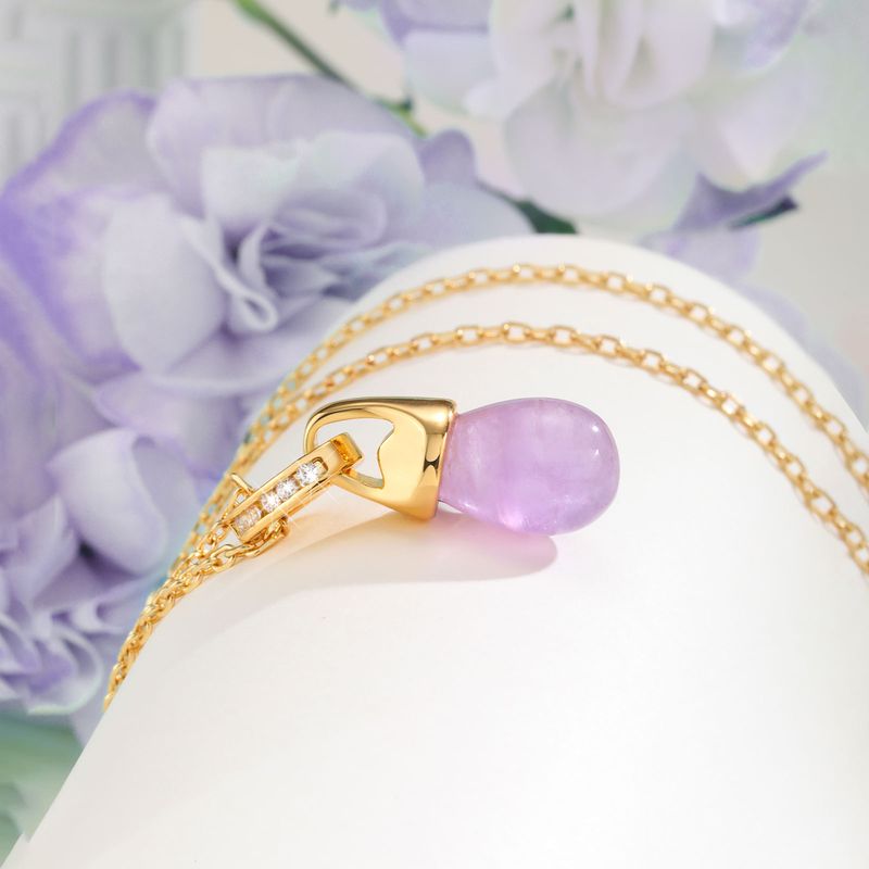 Naszyjnik z wisiorkiem w kształcie kropli wody z cyrkonii i ametystu wykonany z miedzi i złota 14K_voghion.com