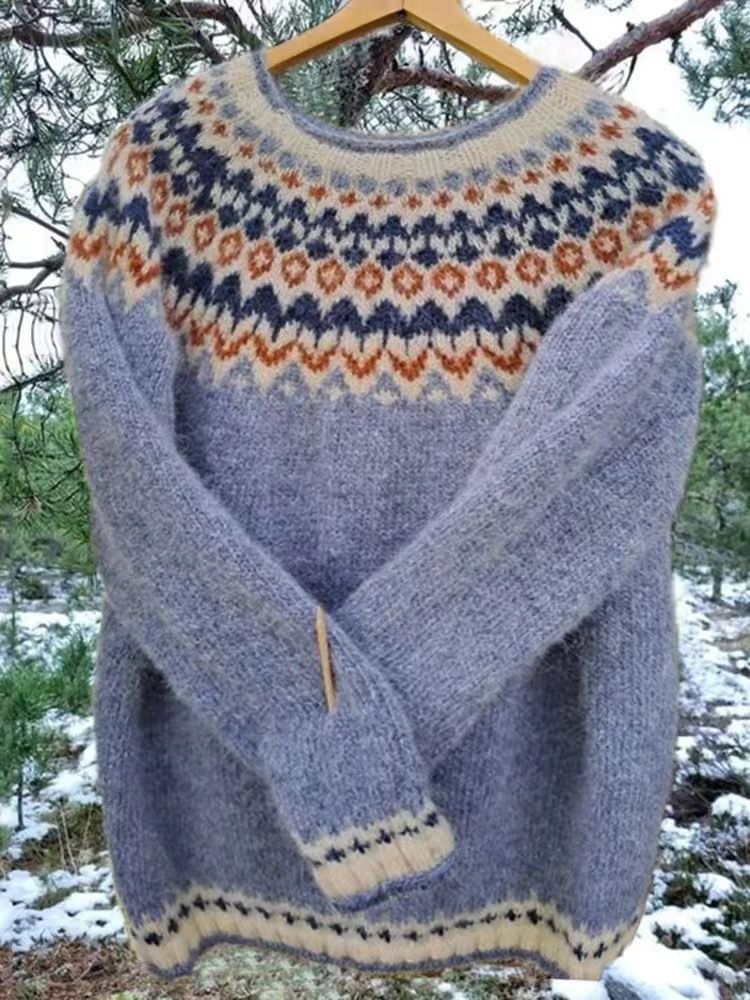 Women's Stylish 3D Jacquard Knit Sweater - Loose Fit Round Neck Pullover With Color Block Design, Comfortable Polyester Blend_voghion.com